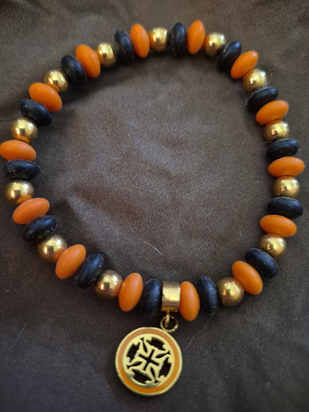 Rustic Cuff Gold Charm Stretch Bracelet with Orange and Black Beads